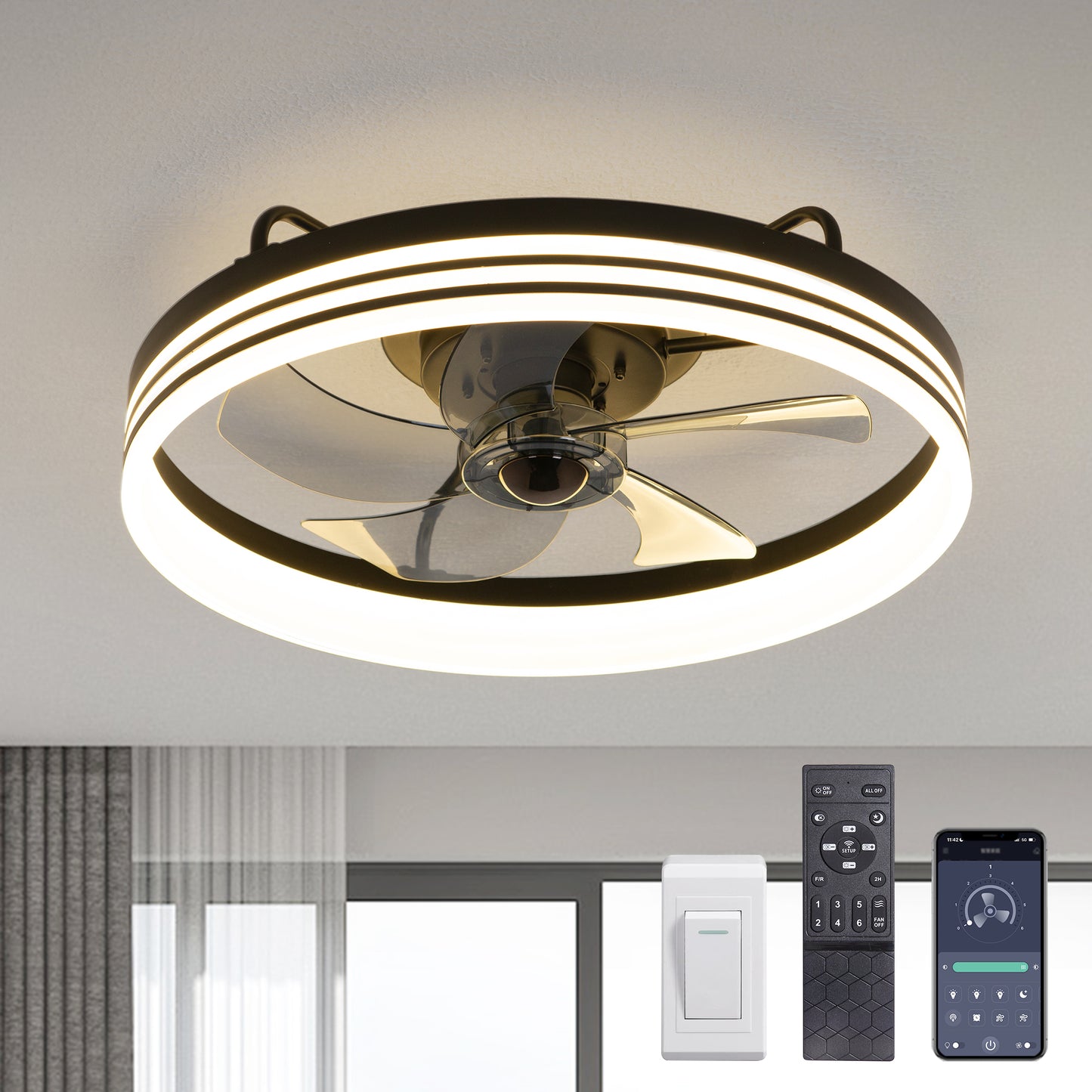 LUDOMIDE Black Smart Low Profile Ceiling Fan