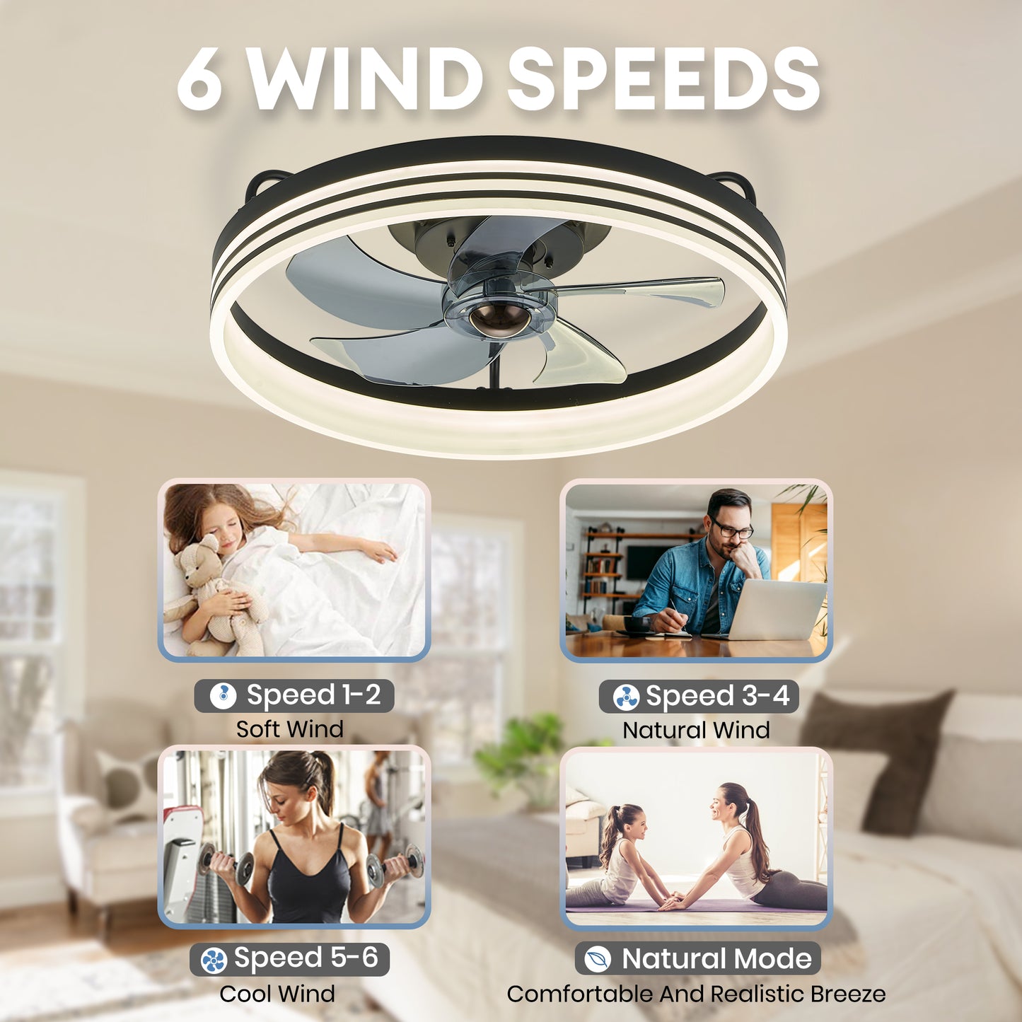 LUDOMIDE Black Smart Low Profile Ceiling Fan