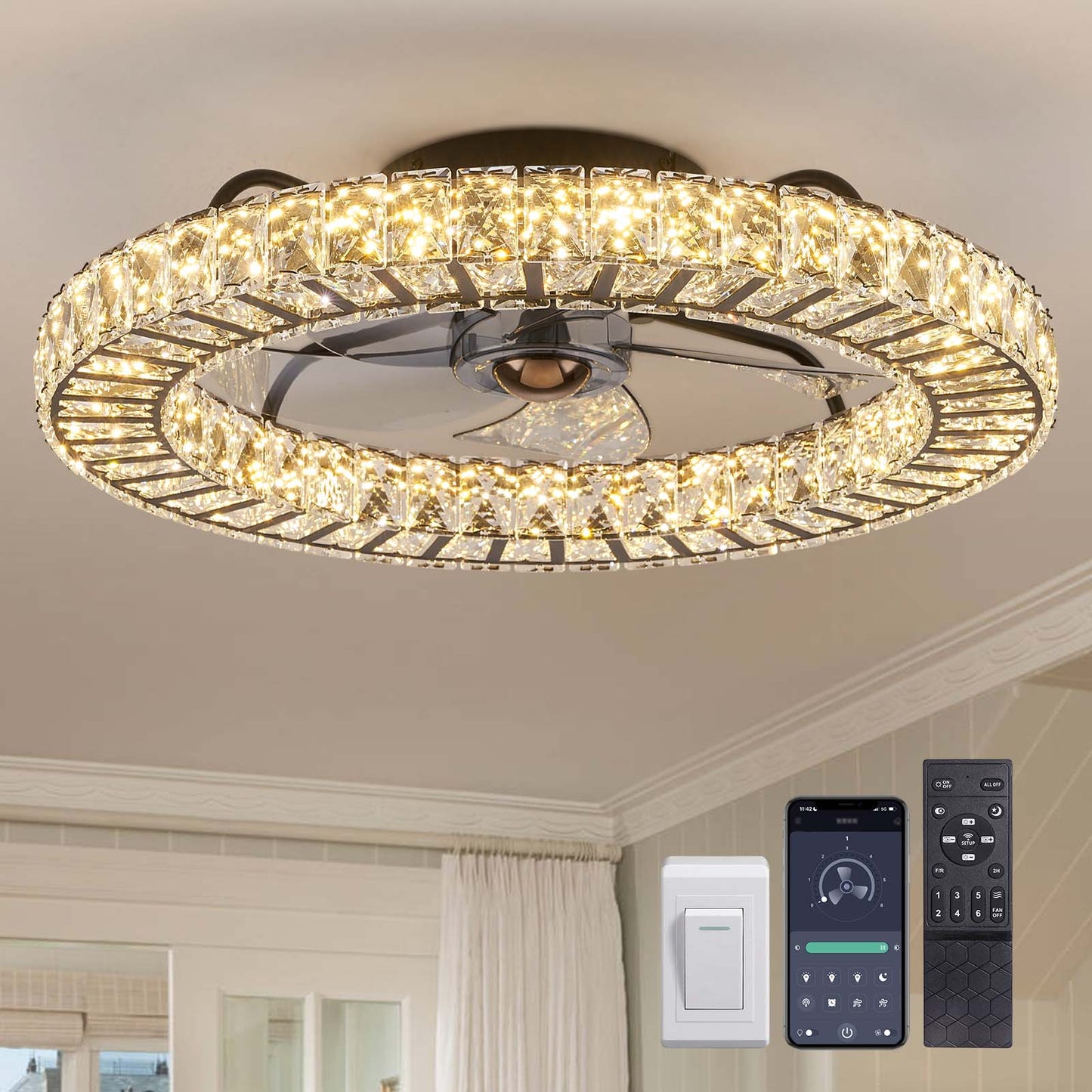 LUDOMIDE 22" Modern Crystal Chandelier Ceiling Fan with Smart 4-Light Color Change