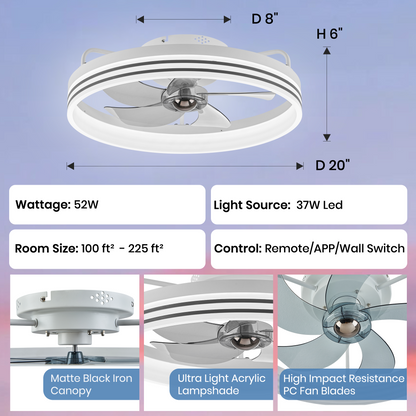 LUDOMIDE Smart Low Profile White Ceiling Fan for Bedroom