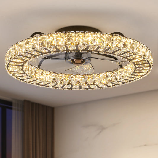 LUDOMIDE 22" Modern Crystal Chandelier Ceiling Fan with Smart 4-Light Color Change