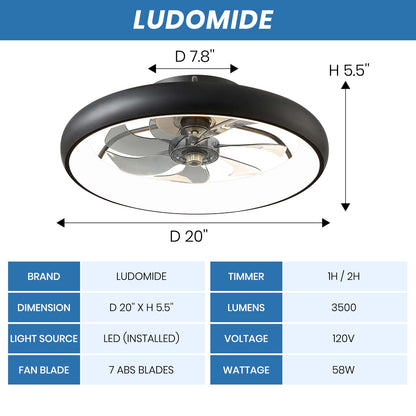 LUDOMIDE 20" Flush Mount Ceiling Fan with Remote & APP Control